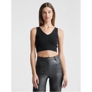 Quince Women Mongolian Cropped Tank Black Ribbed Hem V-Neck Stretch M